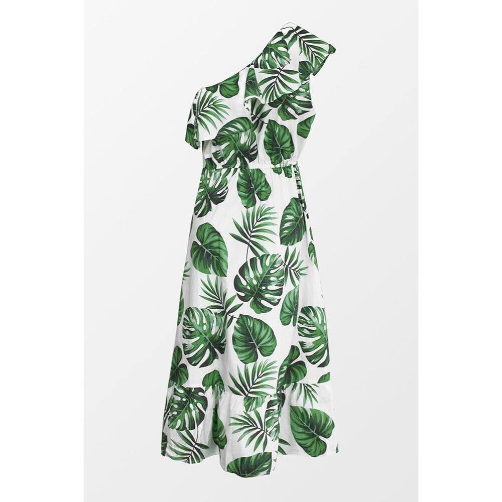 Cupshe Tropical One Shoulder Cotton Ruffle Leaf Print Midi Coverup Dress XS - Picture 7 of 7